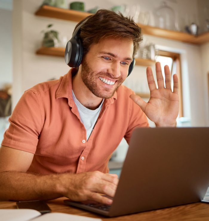 Wave, laptop and online meeting with man in kitchen for video ca