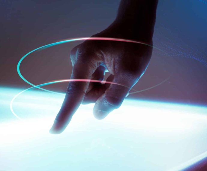 Hand touching transparent presentation screen