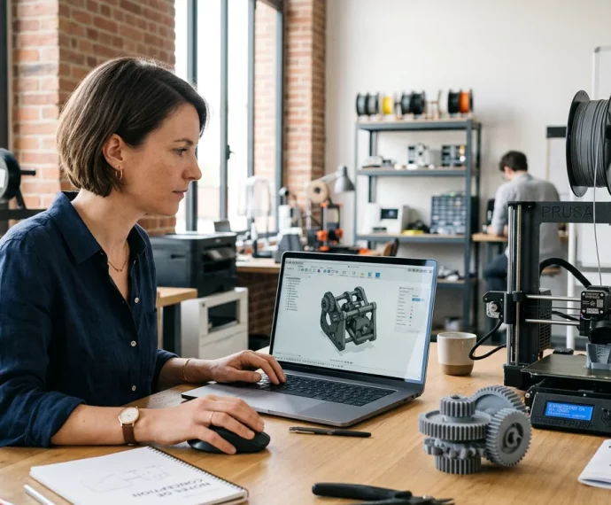 Apprenant européen se formant à la modélisation 3D à côté d'une imprimante 3D