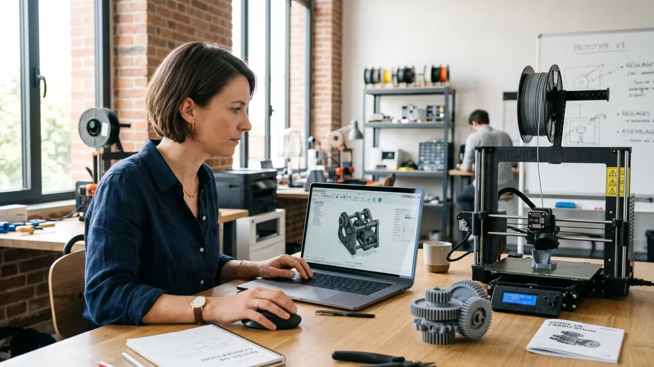 Apprenant européen se formant à la modélisation 3D à côté d'une imprimante 3D