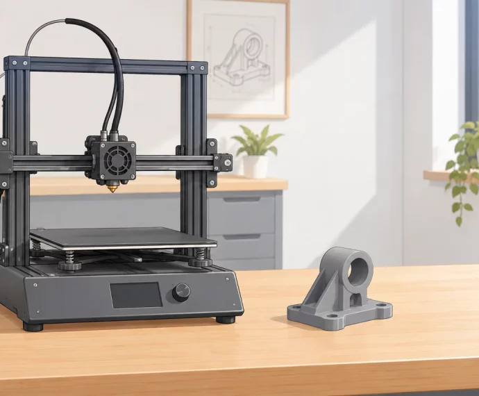 Imprimante 3D de bureau et pièce imprimée dans un atelier