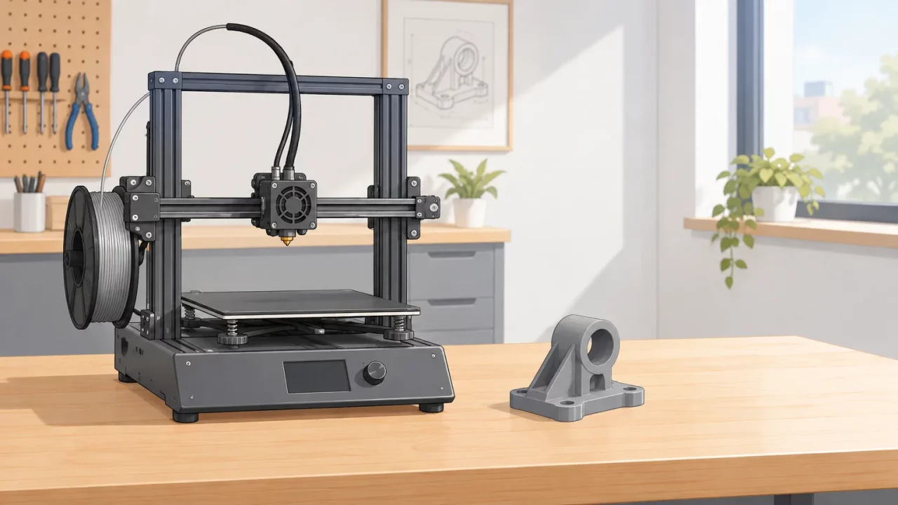 Imprimante 3D de bureau et pièce imprimée dans un atelier