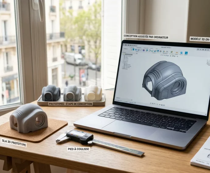 Objet imprimé en 3D à côté d'un modèle numérique sur écran