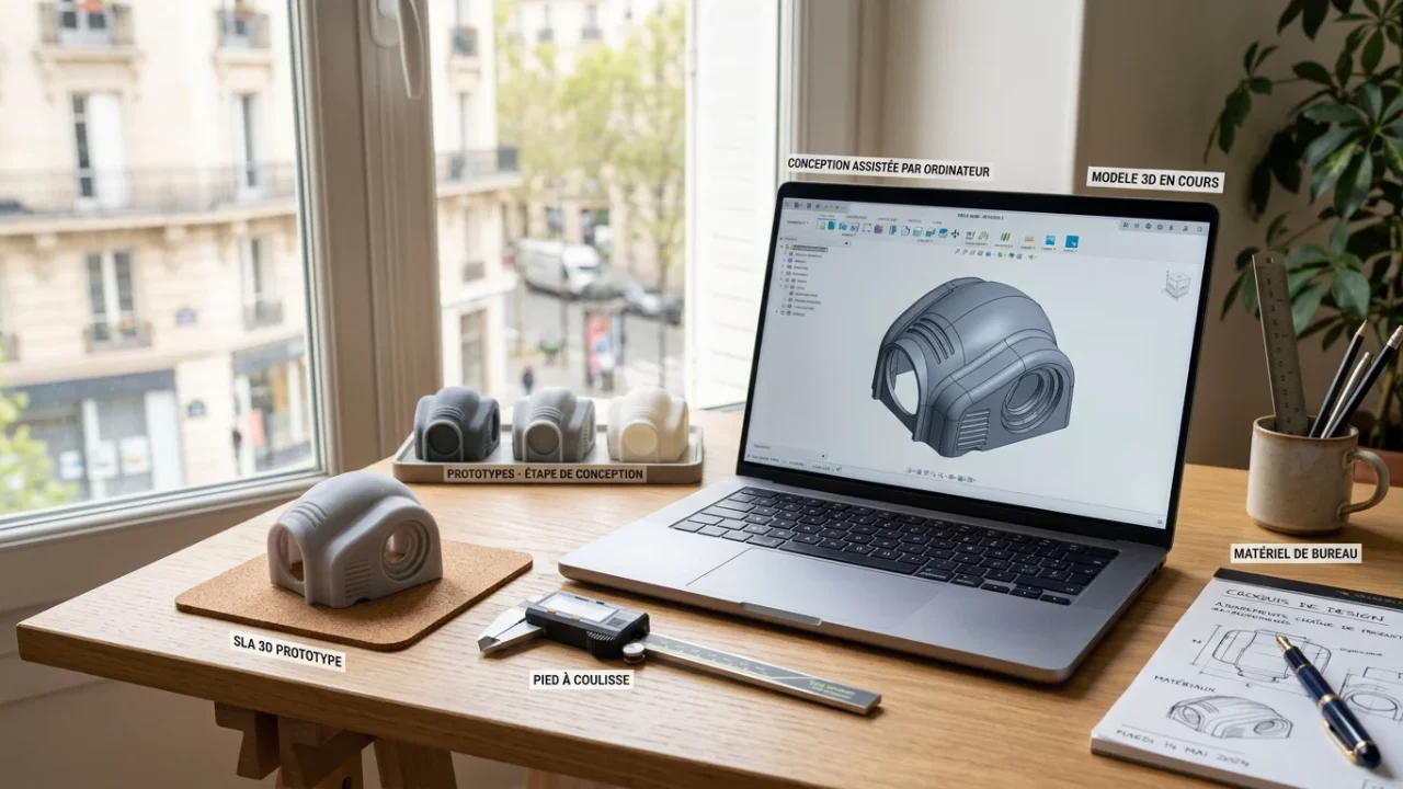 Objet imprimé en 3D à côté d'un modèle numérique sur écran