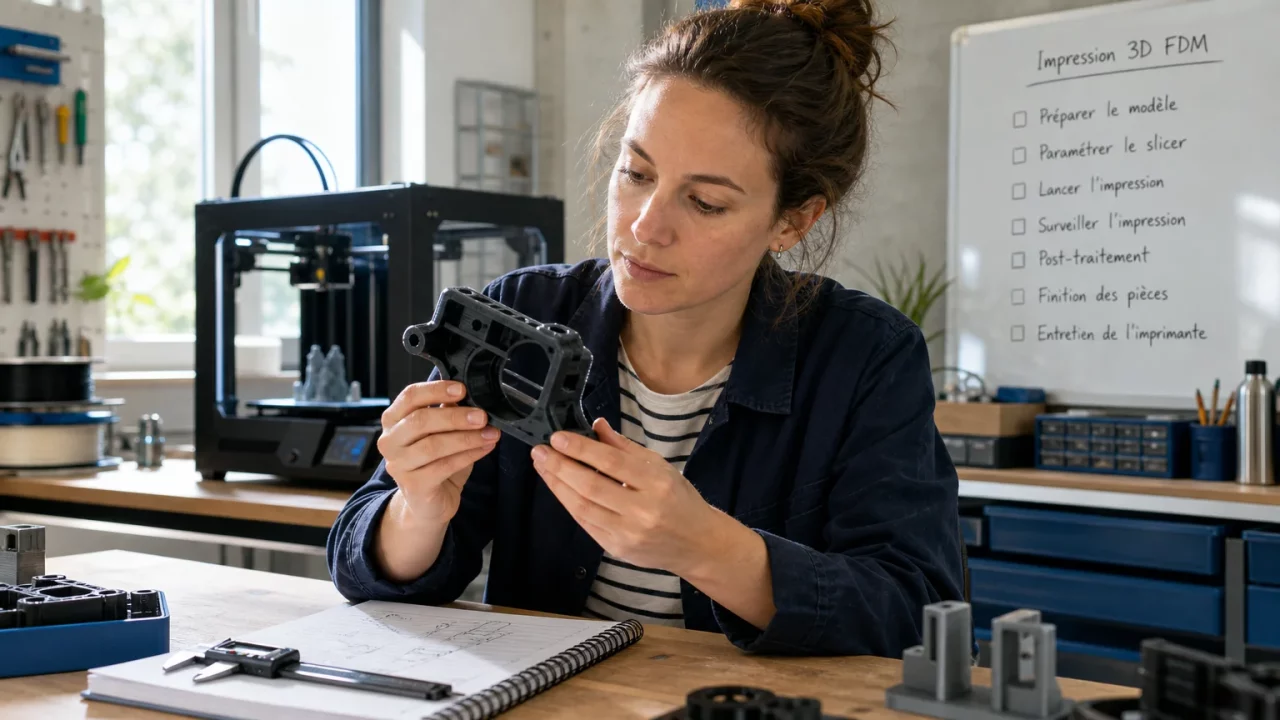 Imprimante 3D FDM en fonctionnement entourée de bobines de filament plastique