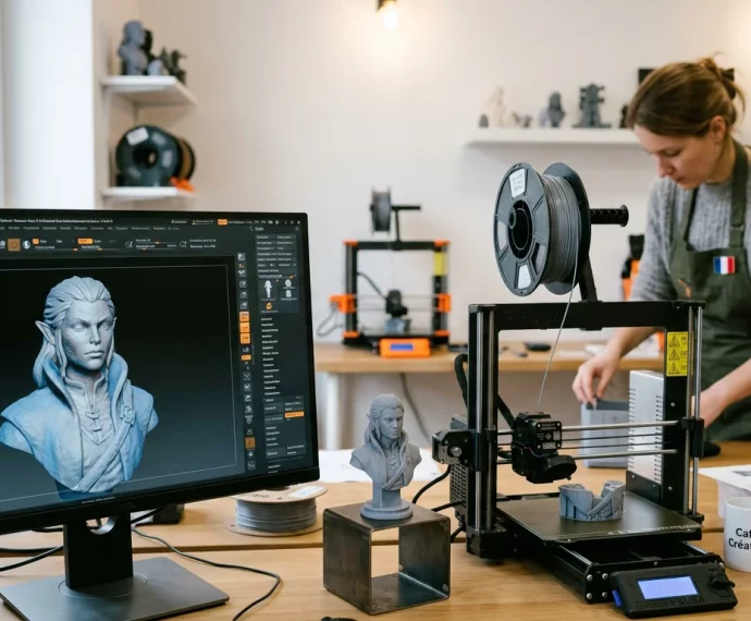 Sculpture numérique sur écran à côté d'une figurine imprimée en 3D et d'une imprimante