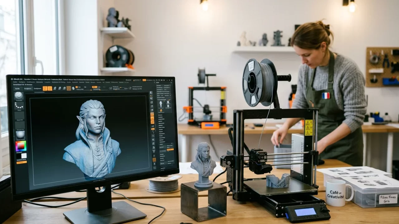 Sculpture numérique sur écran à côté d'une figurine imprimée en 3D et d'une imprimante