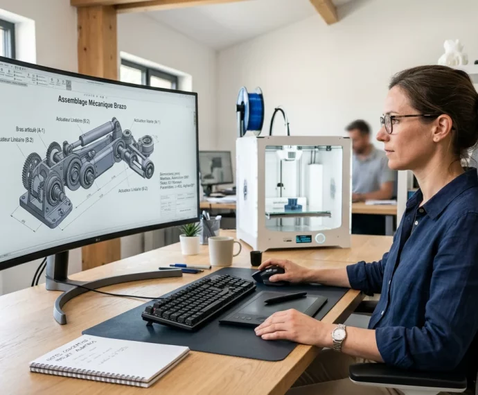 Station de travail de conception 3D avec un modèle CAO paramétrique à l'écran
