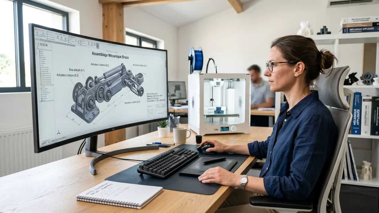 Station de travail de conception 3D avec un modèle CAO paramétrique à l'écran