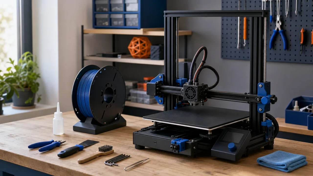 Imprimante 3D FDM propre sur un établi avec outils d’entretien