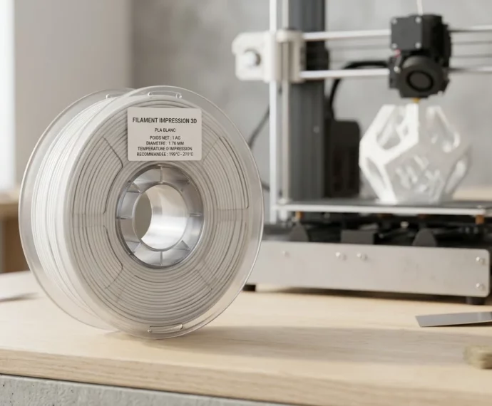 Bobine de filament PLA blanc devant une imprimante 3D FDM