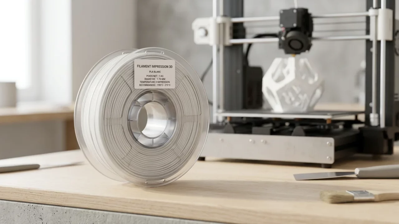 Bobine de filament PLA blanc devant une imprimante 3D FDM