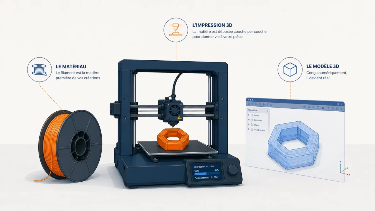 Illustration professionnelle d’une imprimante 3D et des éléments essentiels de son vocabulaire technique