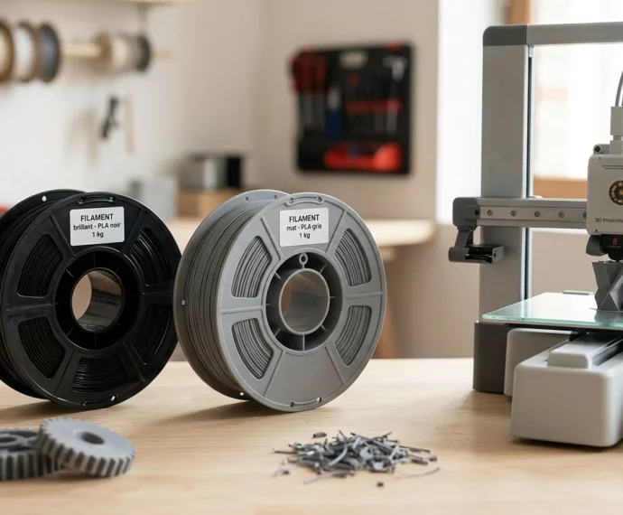 Bobines de filament PLA et ABS devant une imprimante 3D FDM de bureau