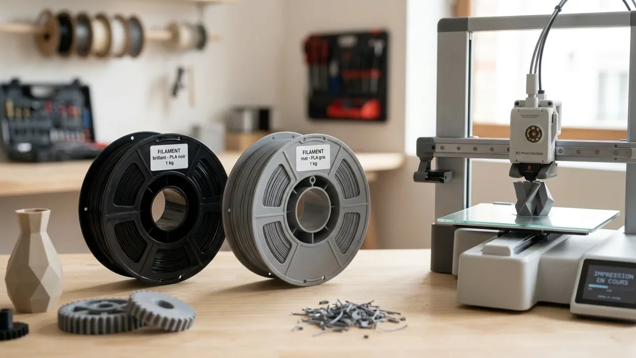 Bobines de filament PLA et ABS devant une imprimante 3D FDM de bureau