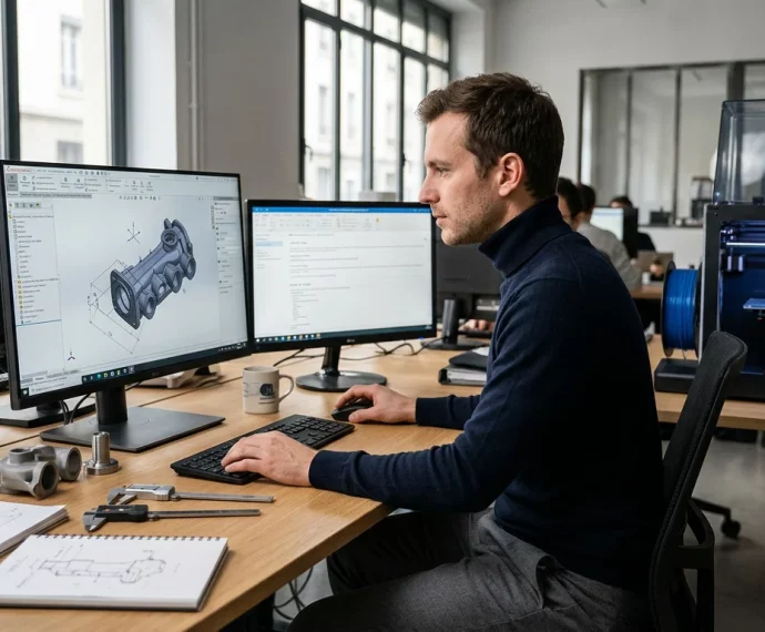 Concepteur européen modélisant une pièce mécanique en CAO près d'une imprimante 3D
