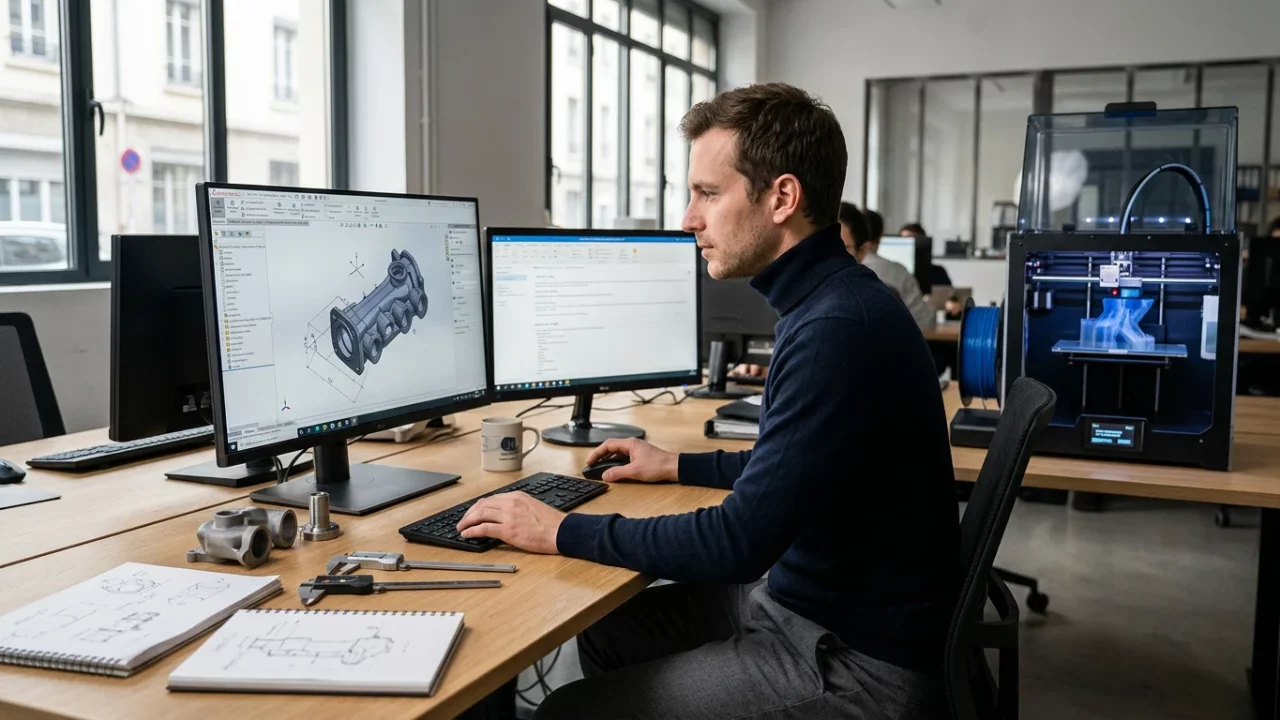 Concepteur européen modélisant une pièce mécanique en CAO près d'une imprimante 3D