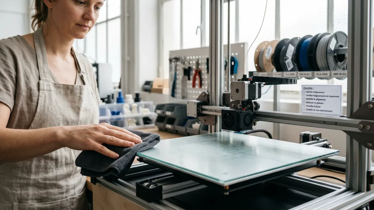 Plateau propre d'une imprimante 3D FDM dans un atelier lumineux