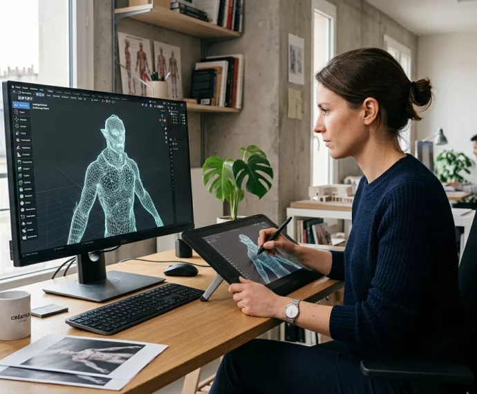 Un modeleur 3D au travail sur une maquette numérique en studio
