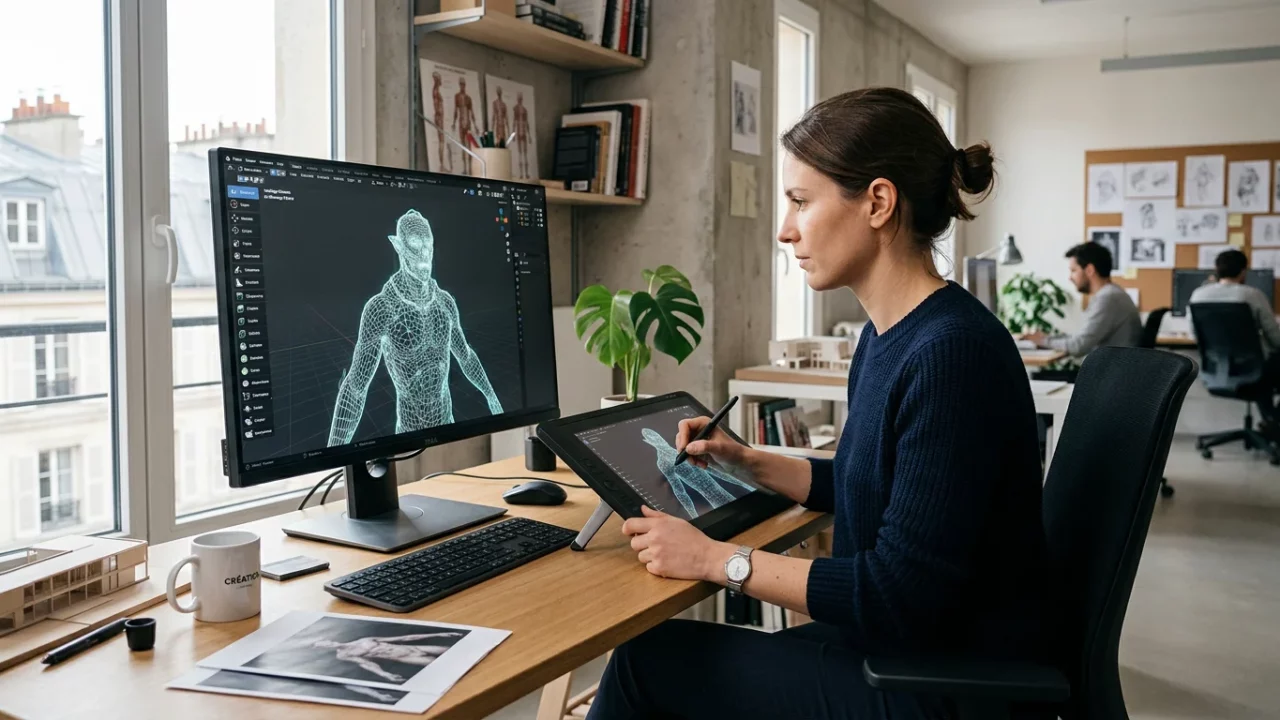 Un modeleur 3D au travail sur une maquette numérique en studio