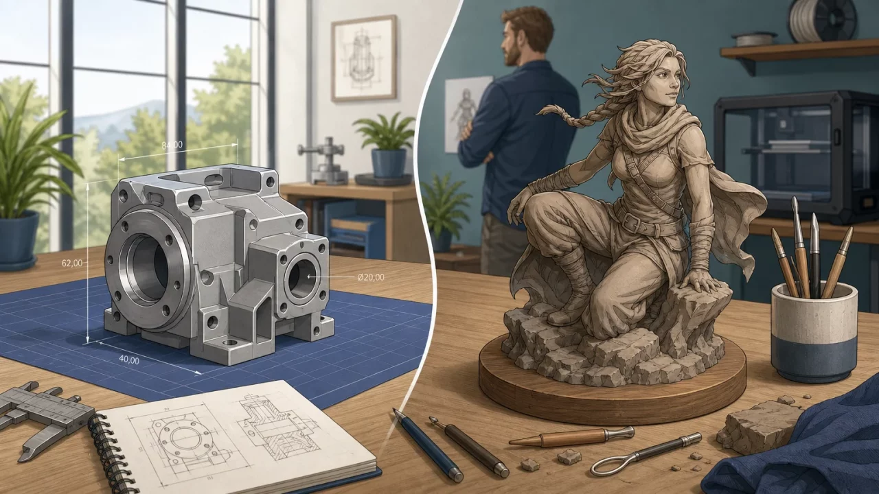 Deux approches de modélisation 3D, une pièce mécanique et une figurine organique