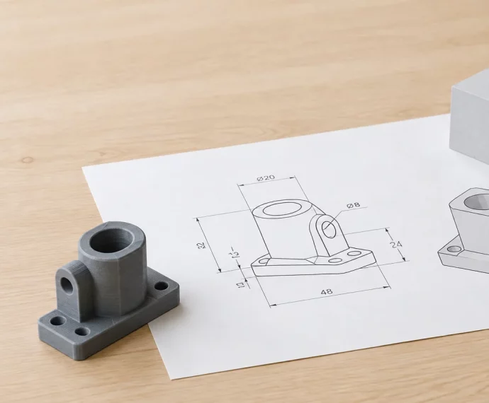 Une pièce imprimée en 3D à côté de son plan de conception