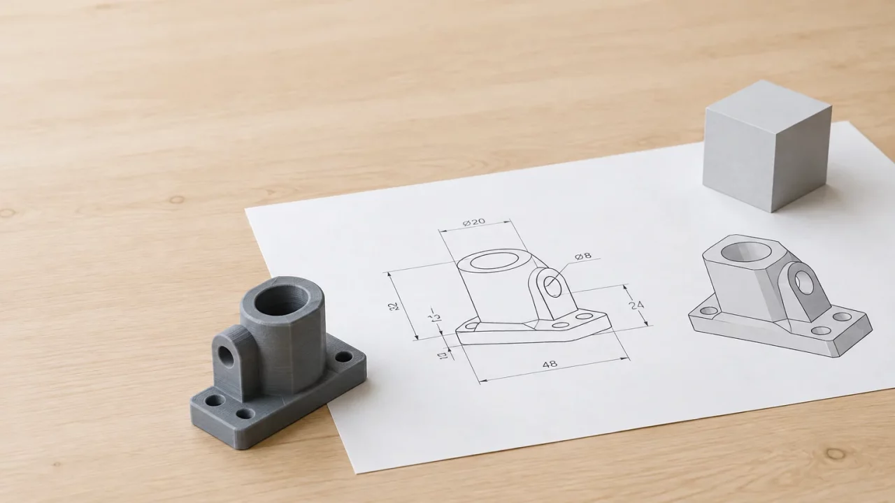 Une pièce imprimée en 3D à côté de son plan de conception
