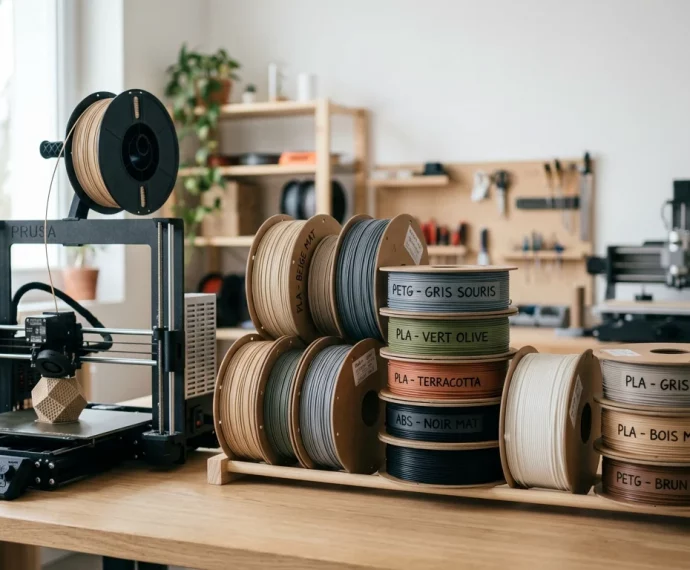Bobines variées de filaments d'impression 3D près d'une imprimante FDM sur un bureau d'atelier