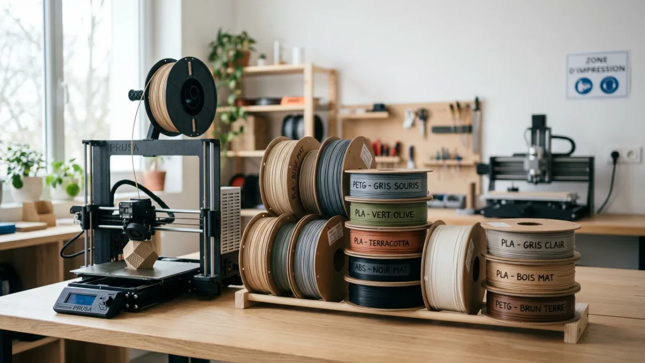 Bobines variées de filaments d'impression 3D près d'une imprimante FDM sur un bureau d'atelier