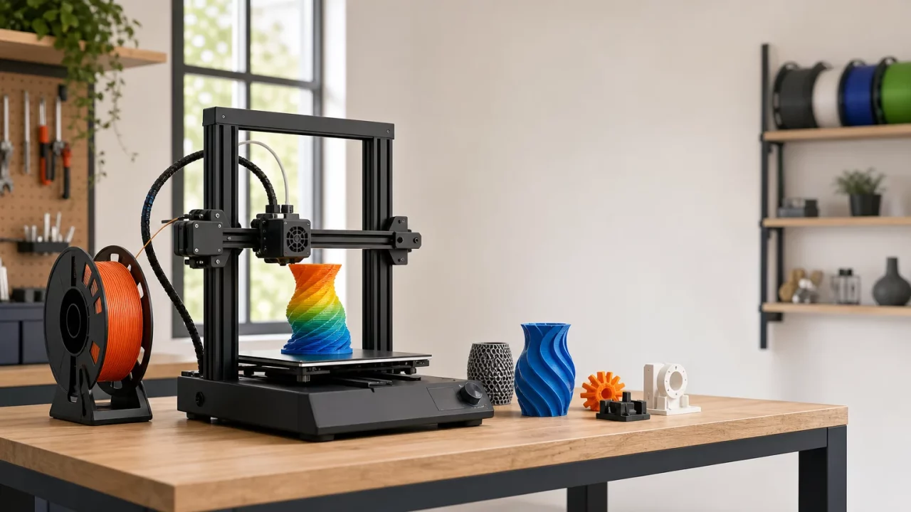 Imprimante 3D de bureau fabriquant une pièce multicolore