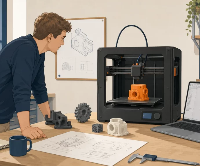 Formation professionnelle en impression 3D avec une imprimante et des pièces techniques