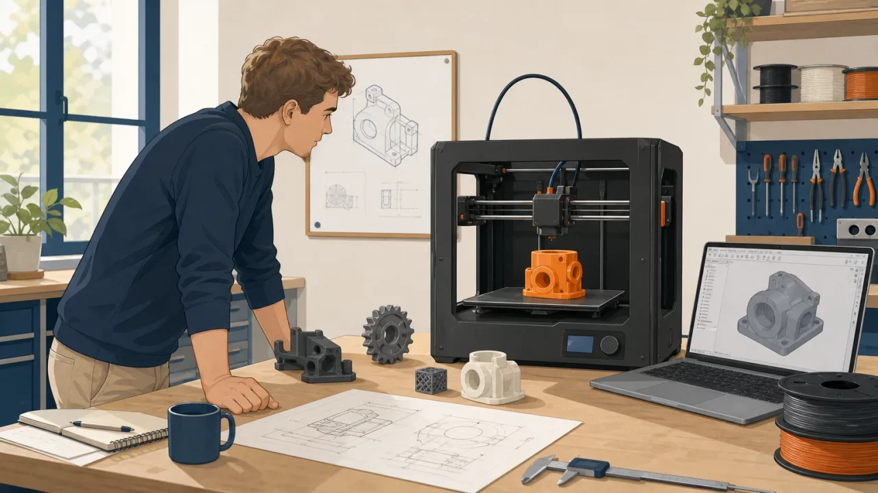 Formation professionnelle en impression 3D avec une imprimante et des pièces techniques