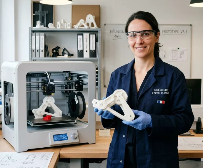 Ingénieur européen tenant un prototype imprimé en 3D près d'une imprimante
