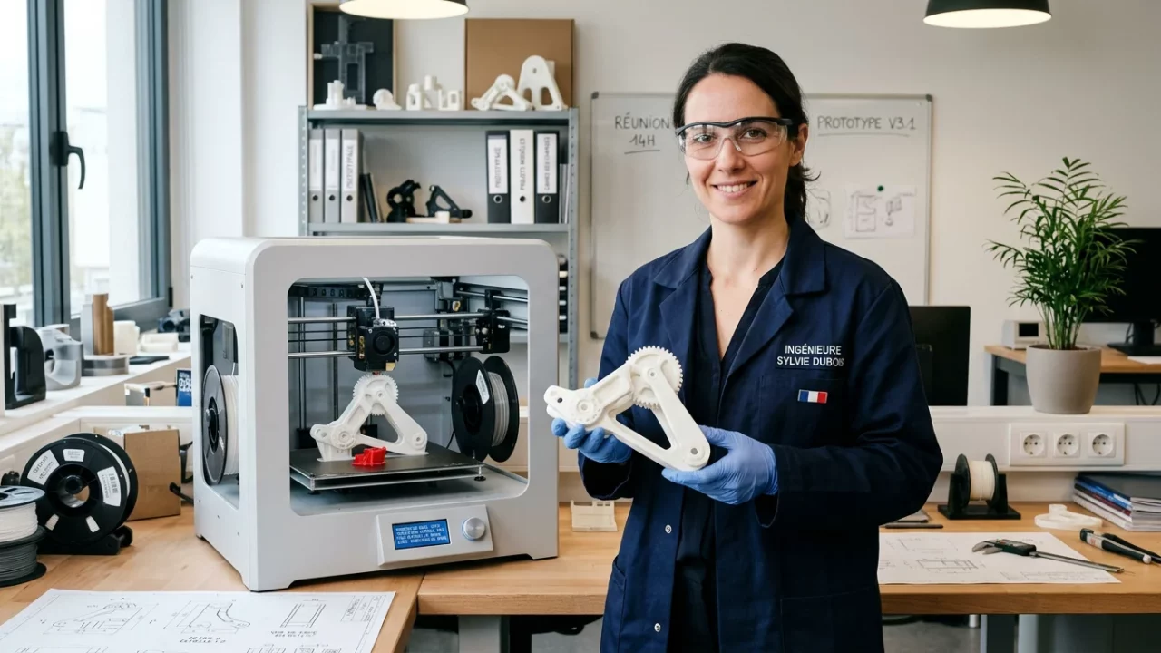 Ingénieur européen tenant un prototype imprimé en 3D près d'une imprimante