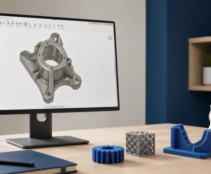 Écran affichant une pièce mécanique modélisée en 3D à côté d’objets imprimés