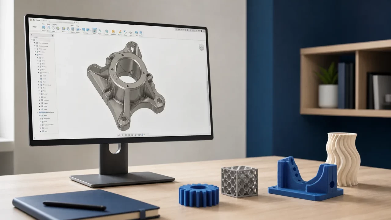 Écran affichant une pièce mécanique modélisée en 3D à côté d’objets imprimés