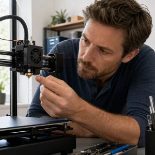 Utilisateur européen inspectant la buse de son imprimante 3D FDM en atelier