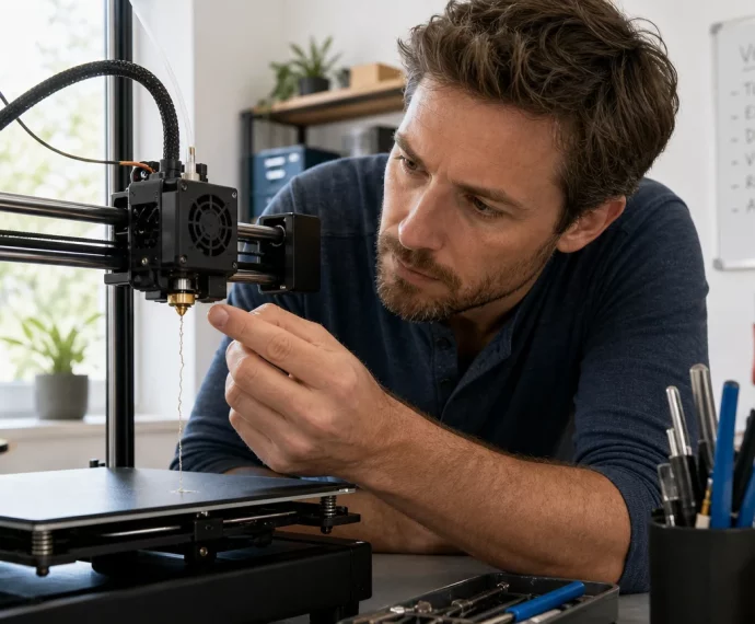 Utilisateur européen inspectant la buse de son imprimante 3D FDM en atelier