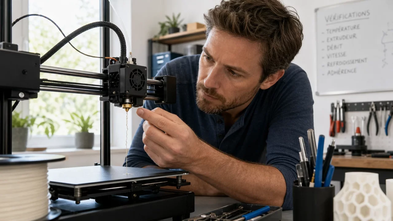 Utilisateur européen inspectant la buse de son imprimante 3D FDM en atelier