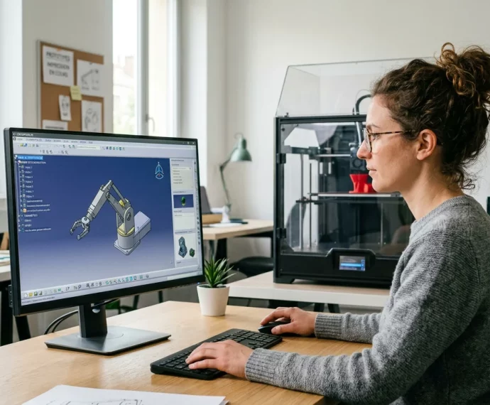 Personne modélisant une pièce en 3D devant une imprimante FDM en atelier