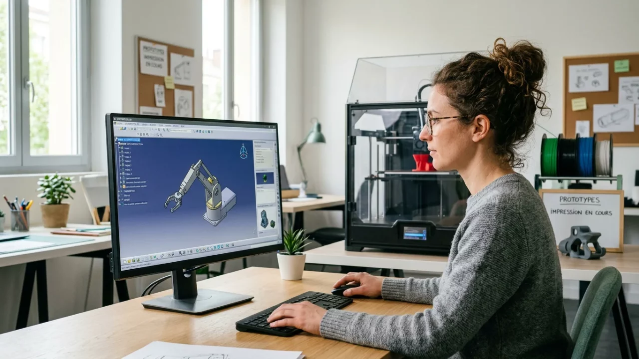 Personne modélisant une pièce en 3D devant une imprimante FDM en atelier