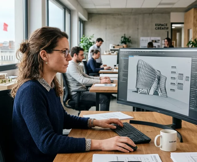 Personne apprenant la modélisation 3D sur ordinateur dans un atelier moderne