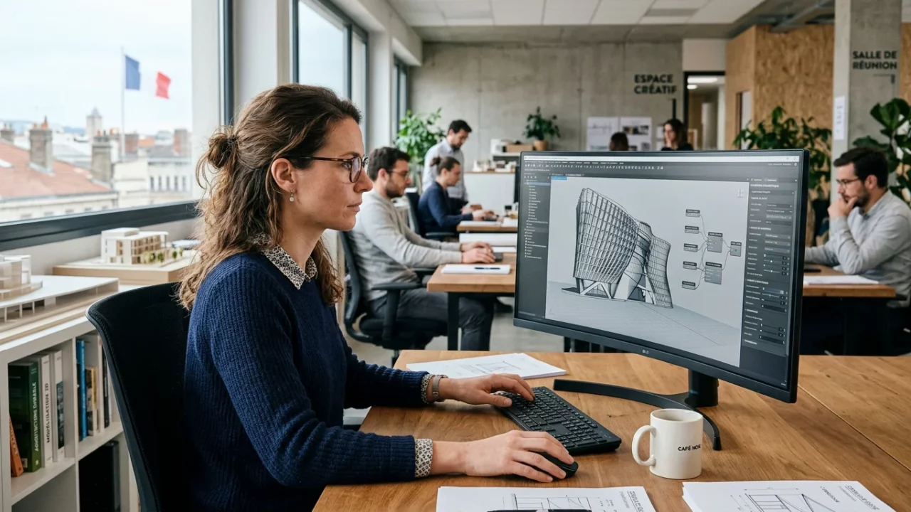 Personne apprenant la modélisation 3D sur ordinateur dans un atelier moderne