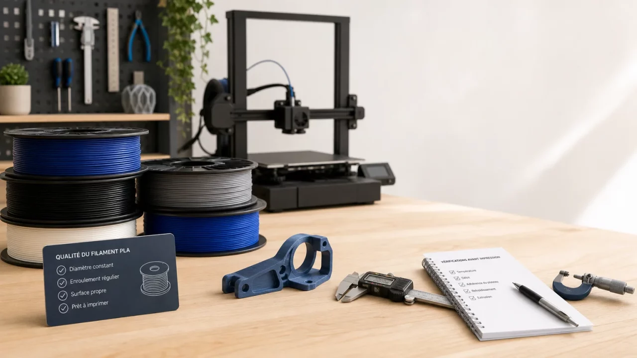 Bobines de filament PLA et pièce imprimée dans un atelier professionnel