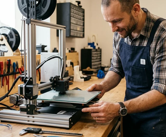 Utilisateur réglant le plateau d'une imprimante 3D FDM dans un atelier