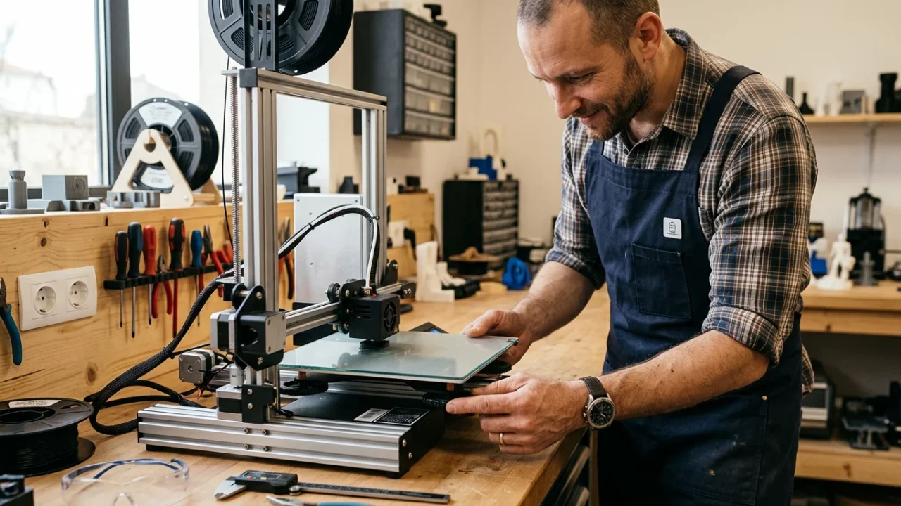 Utilisateur réglant le plateau d'une imprimante 3D FDM dans un atelier
