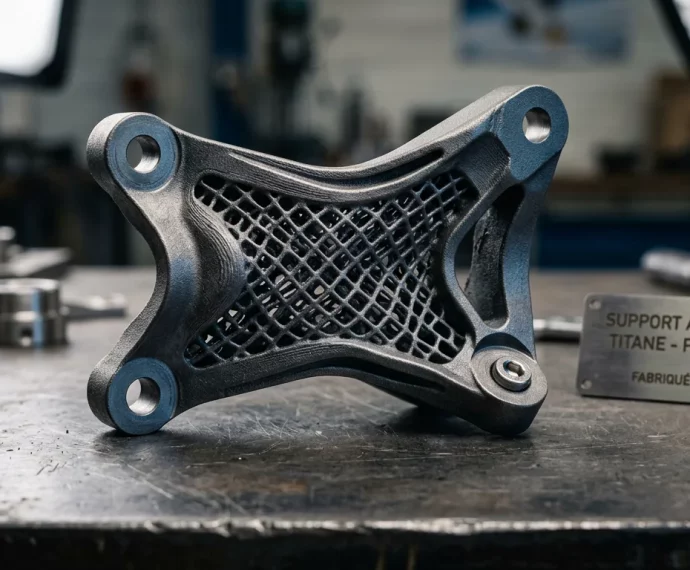 Pièce structurelle en titane imprimée en 3D avec structure en treillis sur un établi industriel