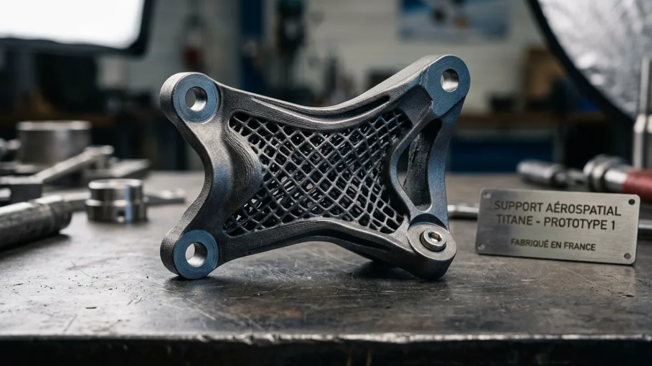 Pièce structurelle en titane imprimée en 3D avec structure en treillis sur un établi industriel