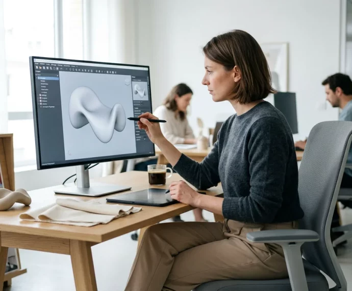 Concepteur européen sculptant une forme 3D organique sur un logiciel de CAO