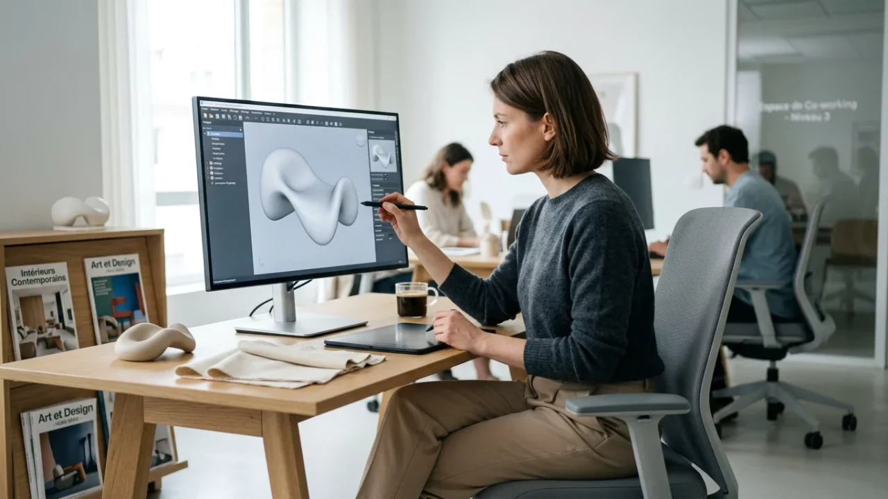 Concepteur européen sculptant une forme 3D organique sur un logiciel de CAO